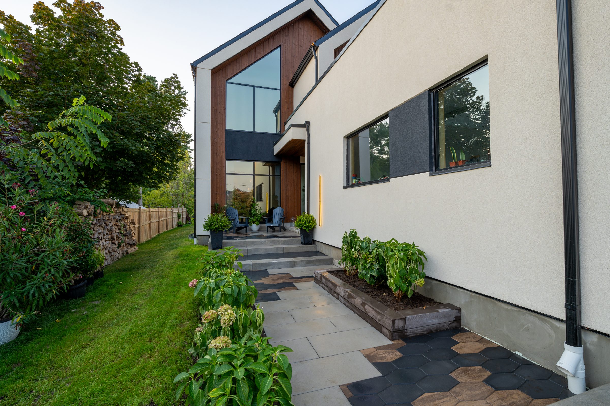 Modern house entrance with garden walkway