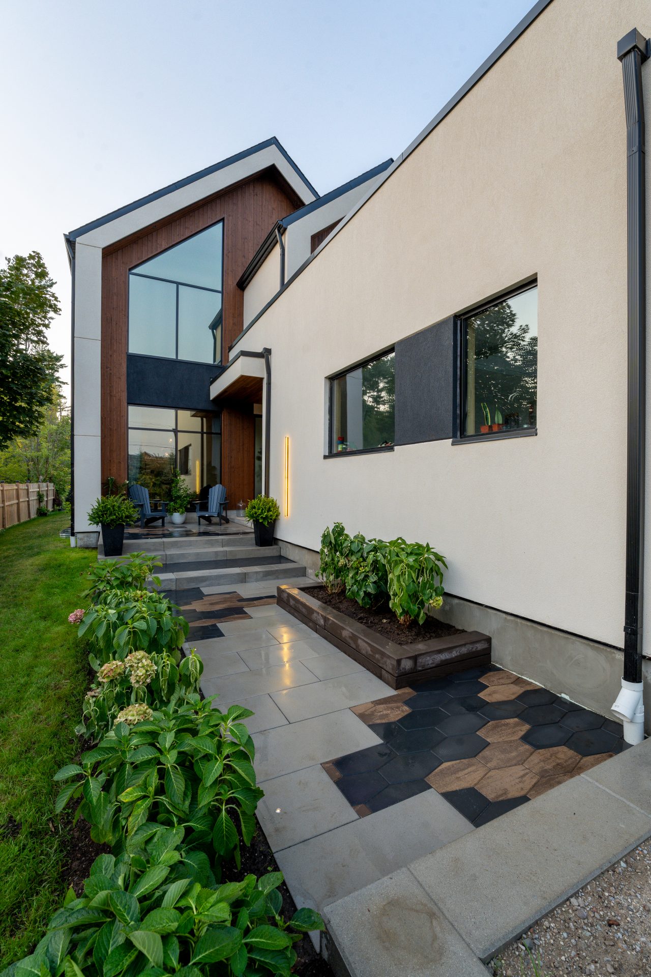 Modern house exterior with garden walkway