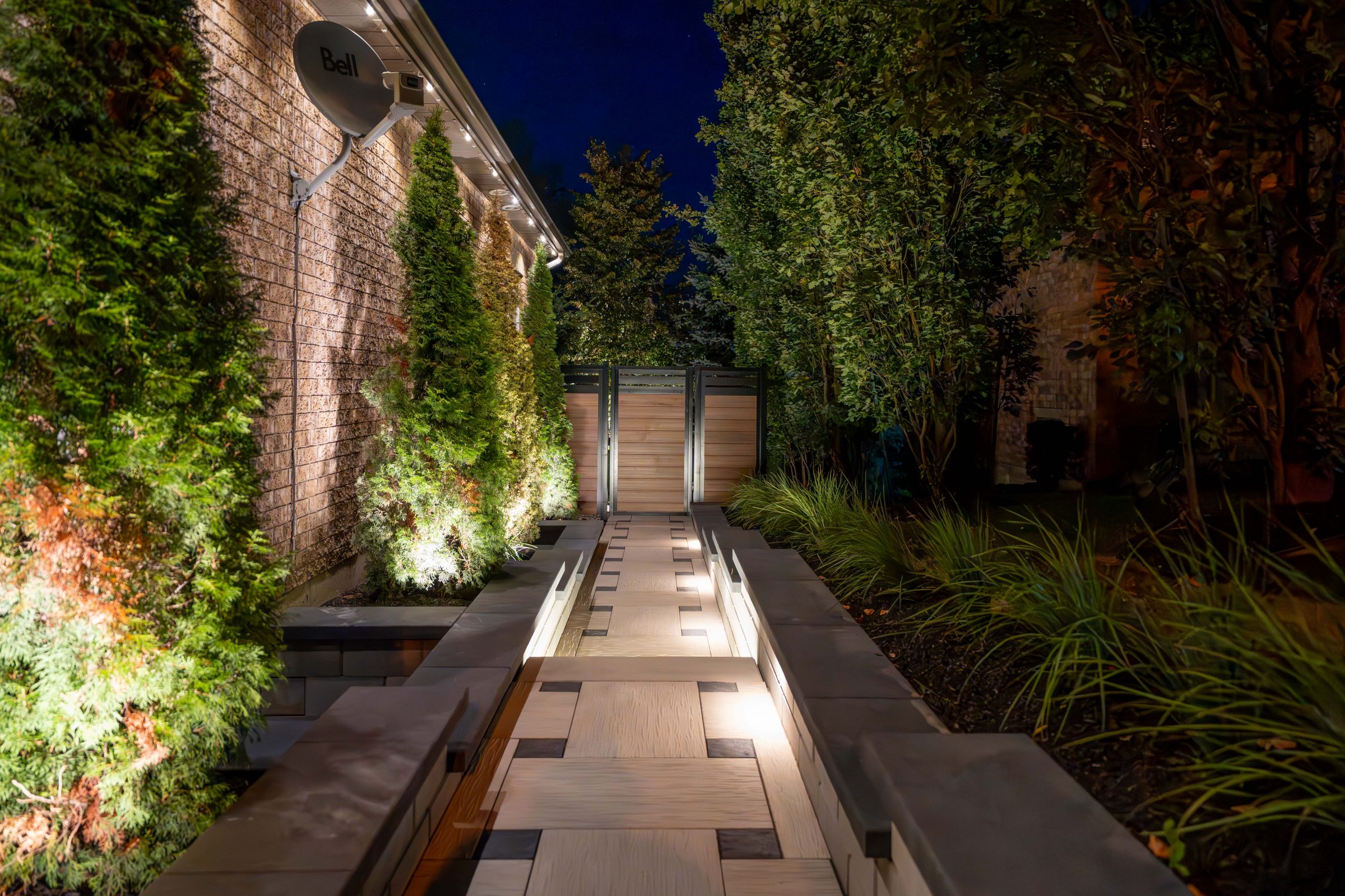 Illuminated garden pathway with greenery at night