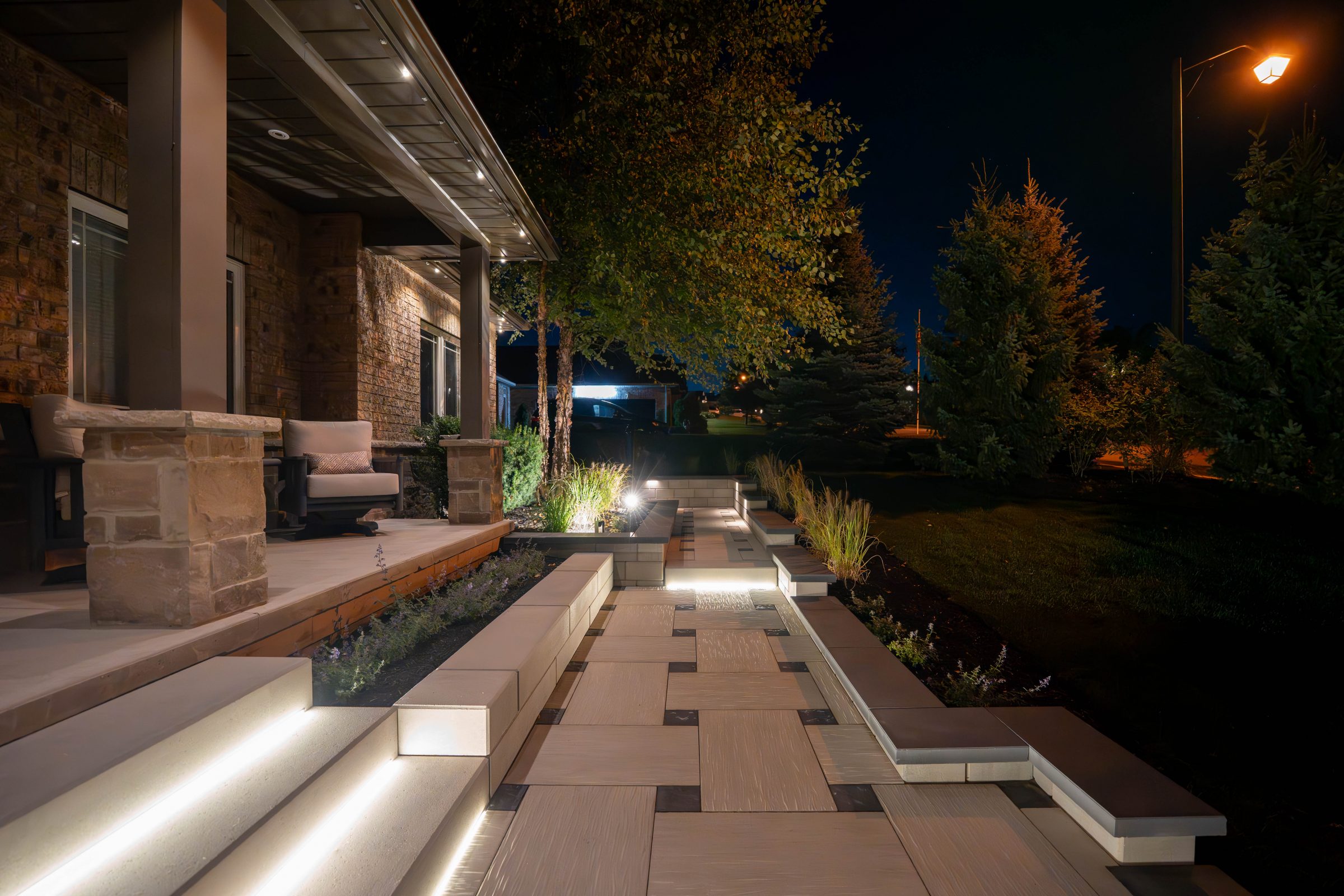 Modern house entrance with evening lighting