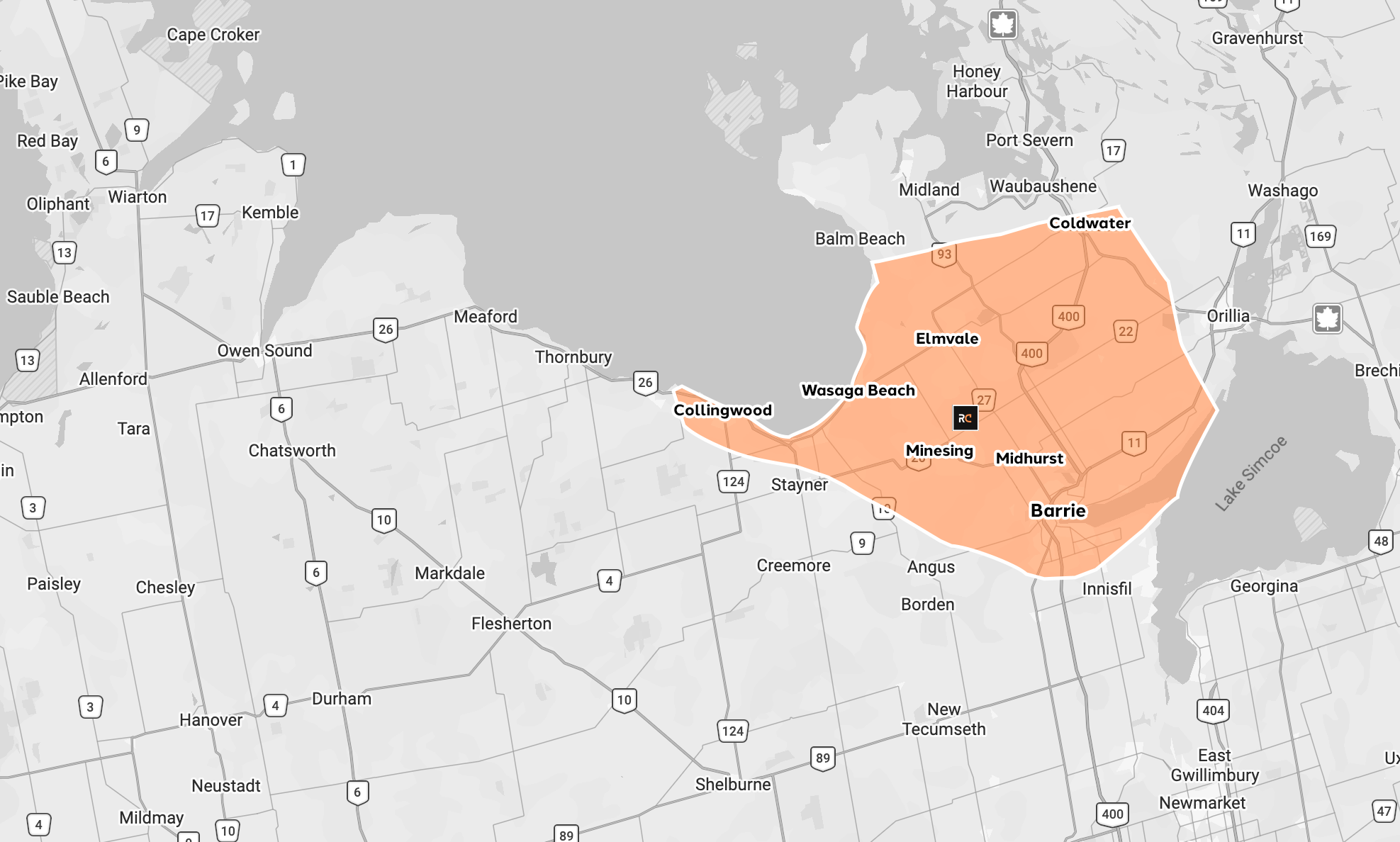 Map highlighting area around Barrie, Ontario.