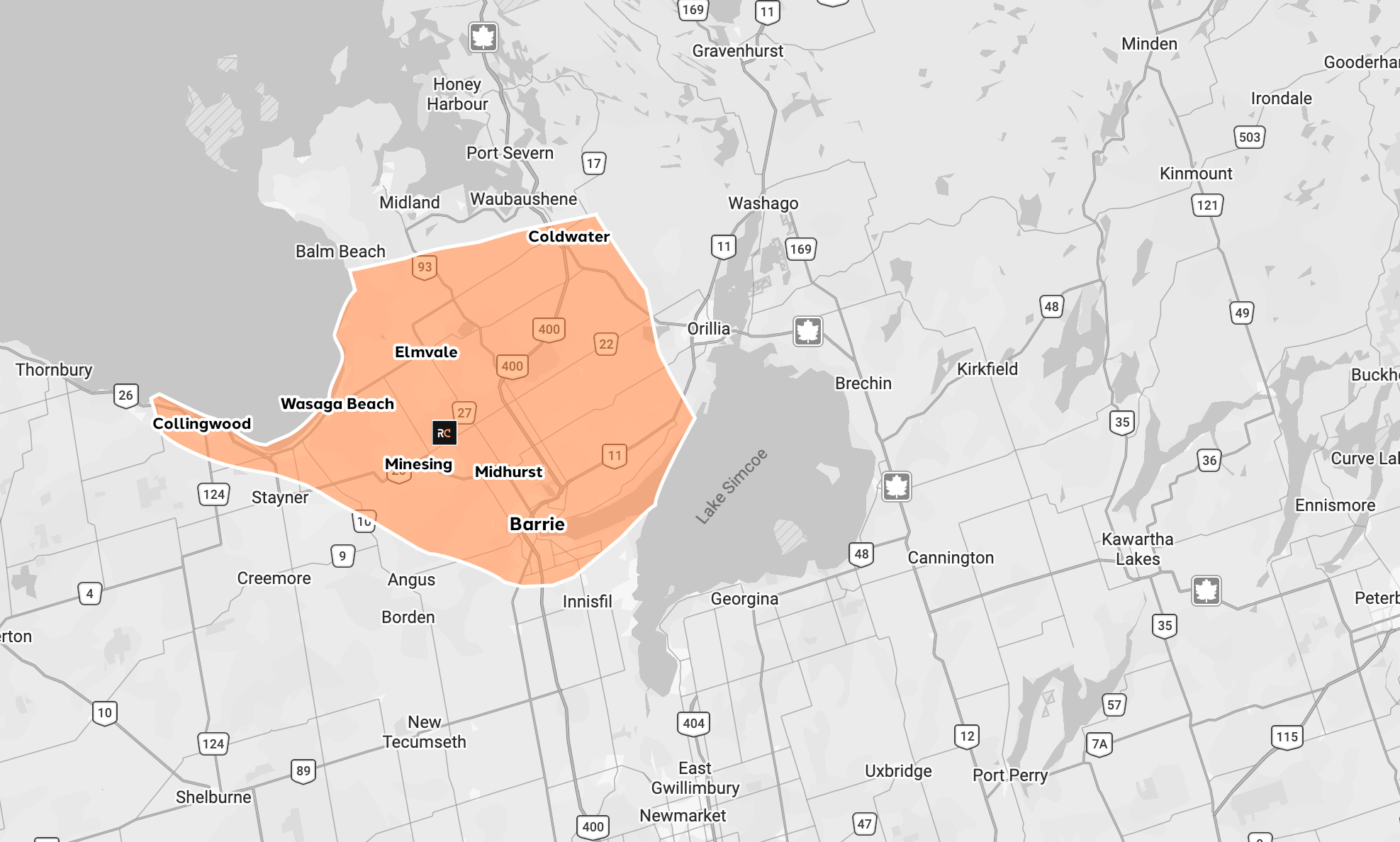 Map highlighting Barrie and nearby towns.