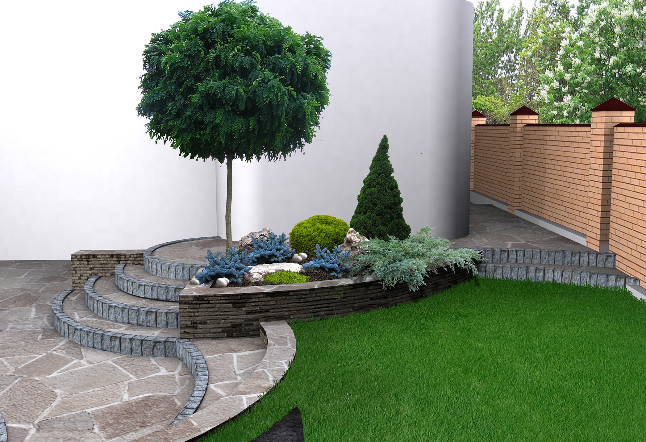 Beautiful garden with tree, shrubs, and stone steps.