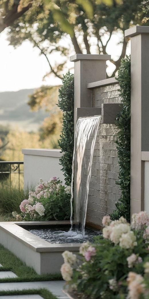 Garden wall fountain with surrounding flowers