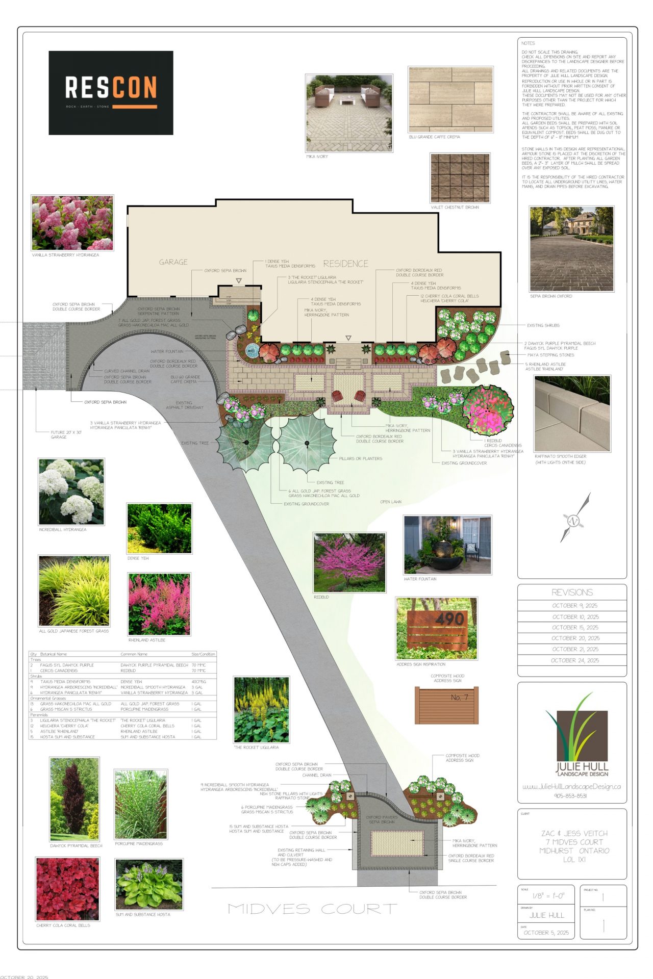 Landscape design plan with plant and material specifications.