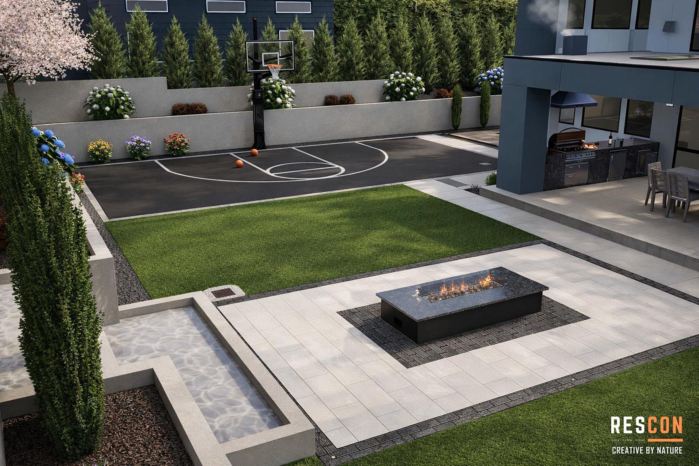 Modern backyard with basketball court and outdoor kitchen.