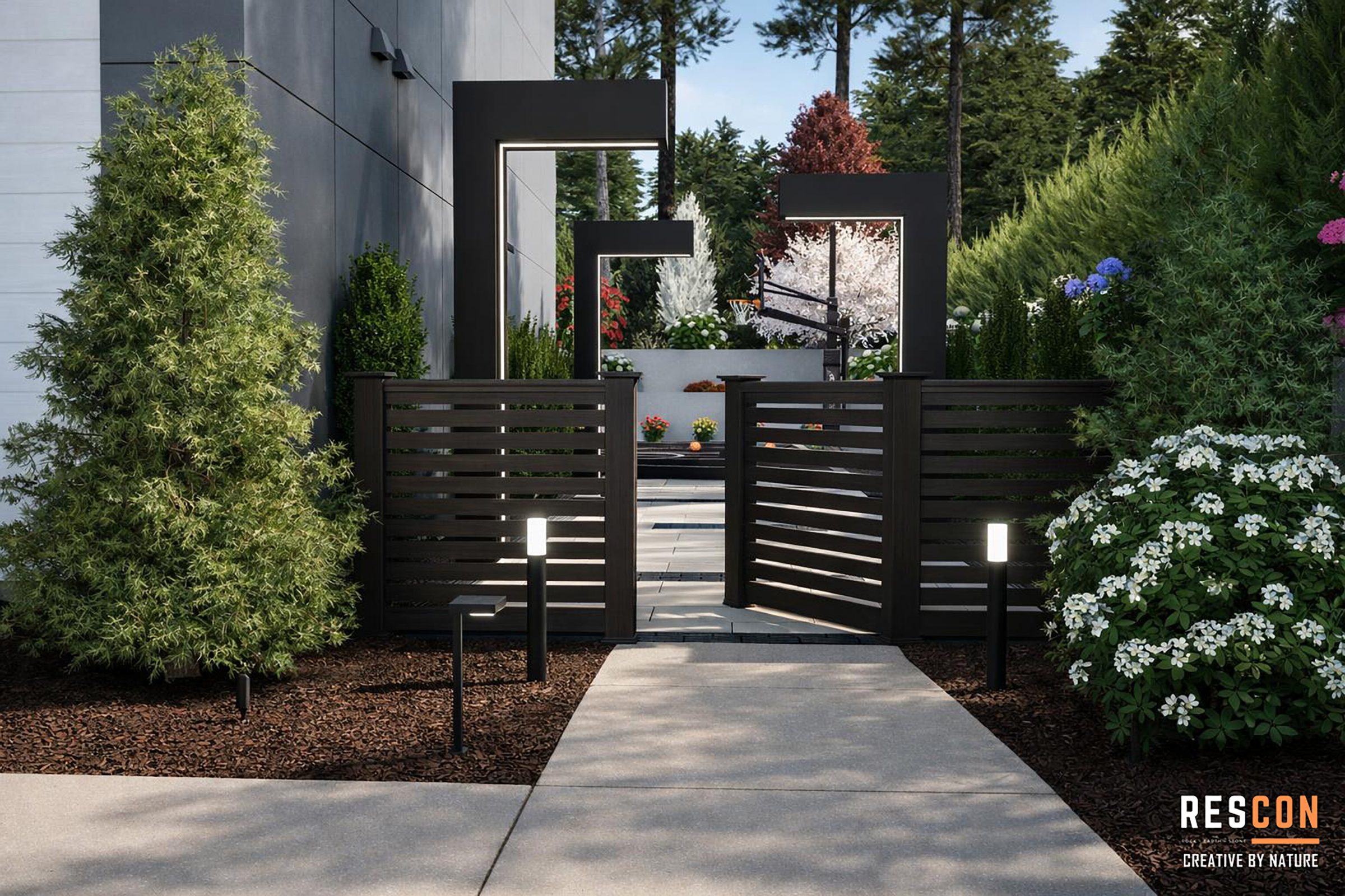 Modern garden entrance with greenery and flowers